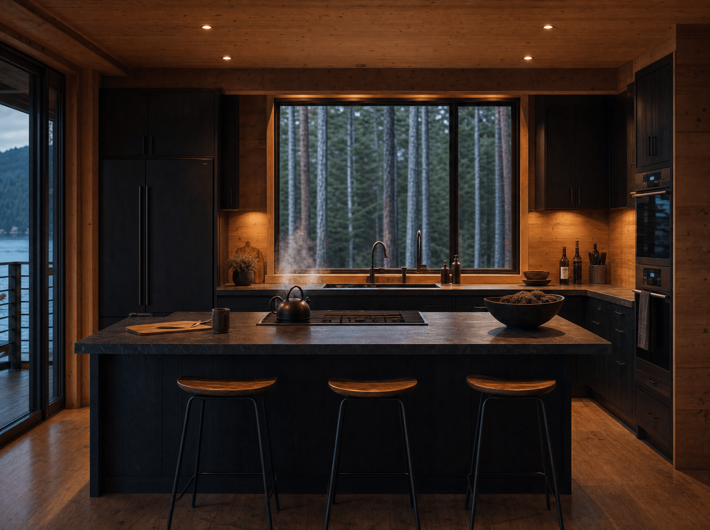 Dark timber kitchen with a stone island, three stools, brass tap and a window onto the pine forest.