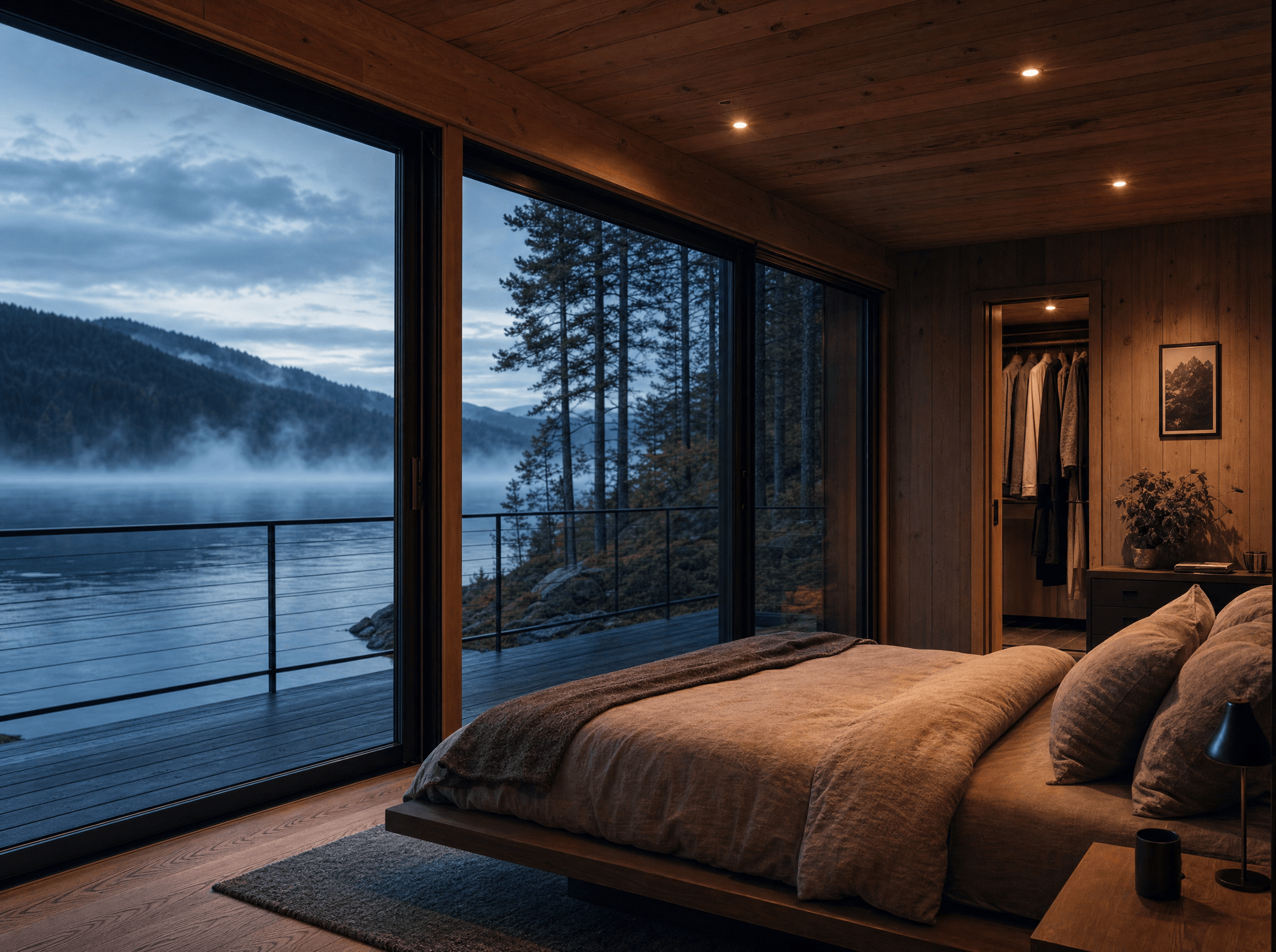 Bedroom with a low platform bed and sliding glass doors opening straight onto the deck and lake.