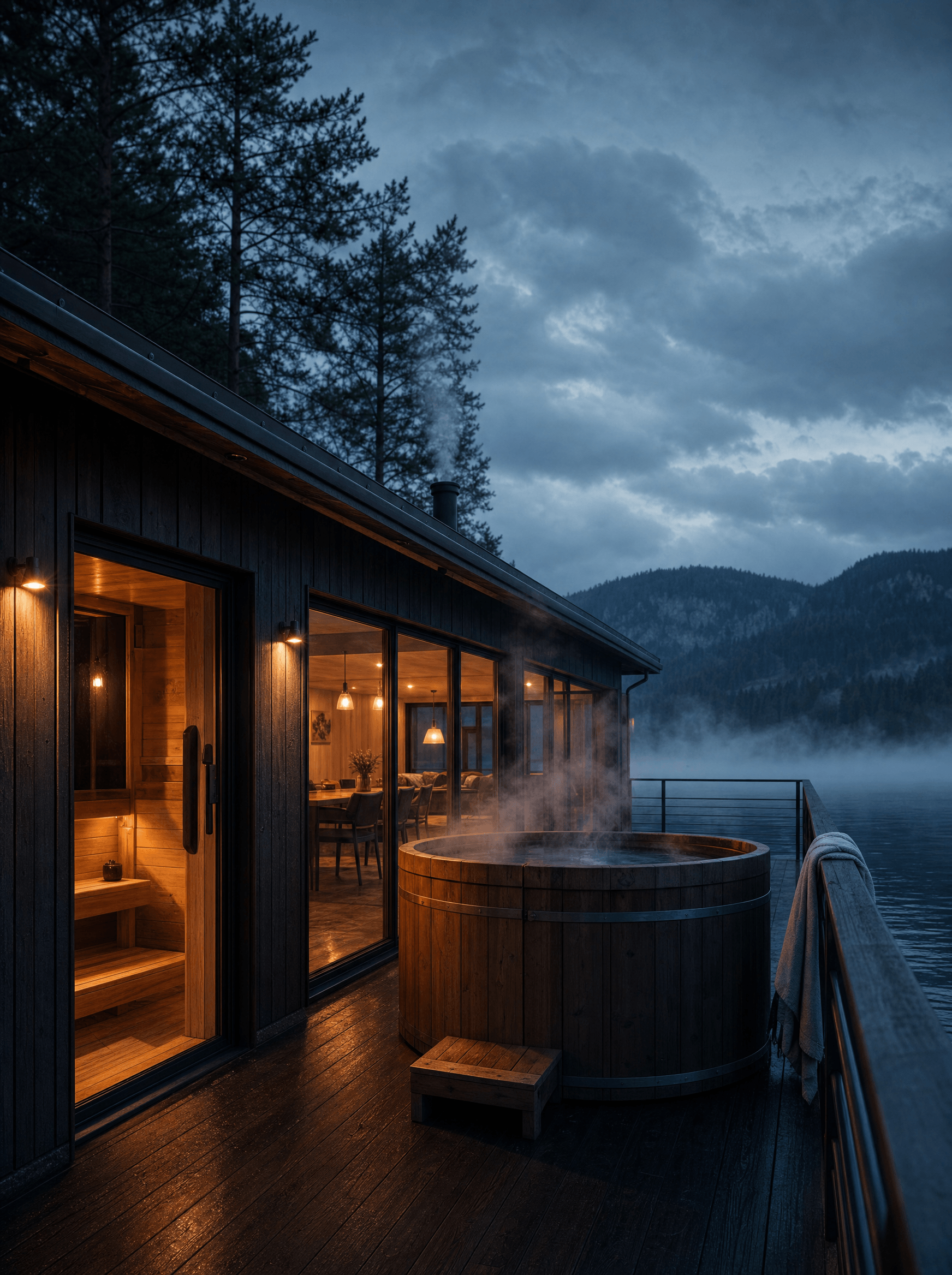 Cedar sauna glowing on the deck beside a steaming wood-fired hot tub at dusk, lake and mist behind.